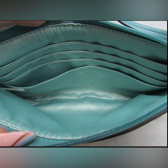 Coach Khaki Signature Sateen Canvas w/ Teal Leather Trim Wristlet Handbag Purse - Picture 3 of 6